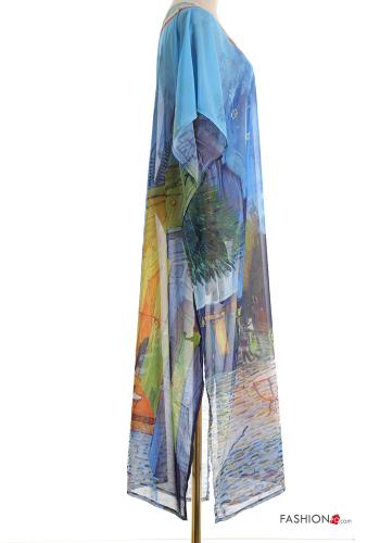 Kunstmuster kurze ärmel lange chiffon Strandkleid mit V-Ausschnitt mit schlitz - ph 3
