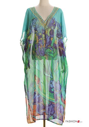 Blumenmuster kurze ärmel lange chiffon Strandkleid mit V-Ausschnitt mit schlitz - ph 1