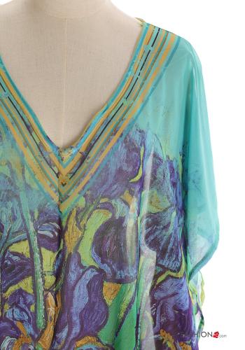 Blumenmuster kurze ärmel lange chiffon Strandkleid mit V-Ausschnitt mit schlitz - ph 4