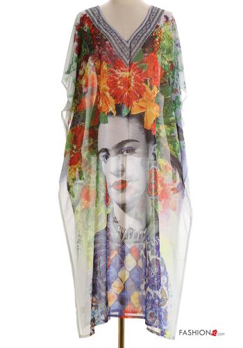 Creative print short sleeve long chiffon Cover up with v-neck with split