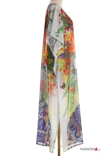 Creative print short sleeve long chiffon Cover up with v-neck with split - ph 3