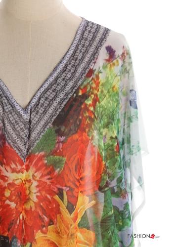 Creative print short sleeve long chiffon Cover up with v-neck with split - ph 4