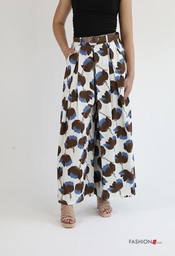Pantalone in Cotone vita alta wide leg Fantasia floreale con cintura con tasche