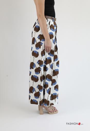 Pantalone in Cotone vita alta wide leg Fantasia floreale con cintura con tasche - ph 2