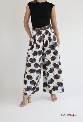 Pantalone in Cotone vita alta wide leg Fantasia floreale con cintura con tasche - ph 5