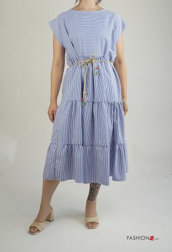 Abito in Cotone maniche corte girocollo Fantasia righe con corda con cintura con balze - ph 1