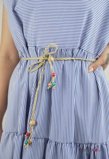 Abito in Cotone maniche corte girocollo Fantasia righe con corda con cintura con balze - ph 4
