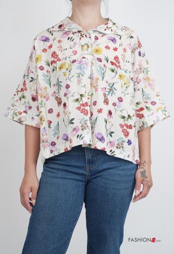 Blusa de Algodón con cuello Estampado Floral con botones manga tres cuartos