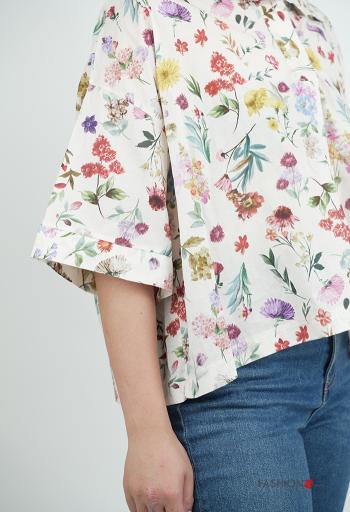 Blusa de Algodón con cuello Estampado Floral con botones manga tres cuartos - ph 4