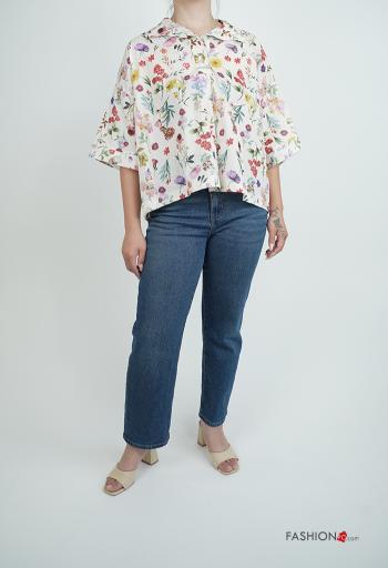 Blusa de Algodón con cuello Estampado Floral con botones manga tres cuartos - ph 5