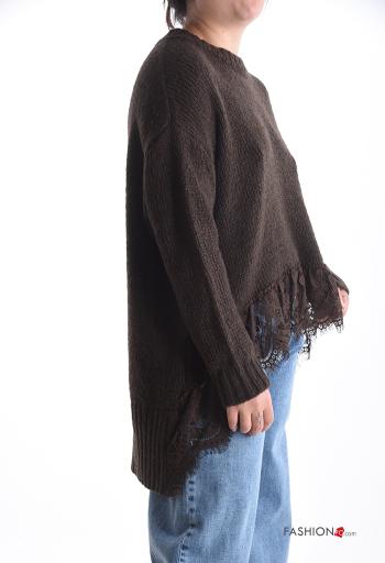 long sleeve crew neck lace trim Wool Mix Sweater - ph 3