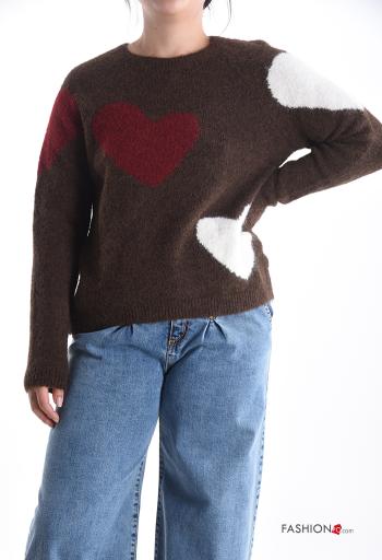heart motif long sleeve crew neck Wool Mix Sweater