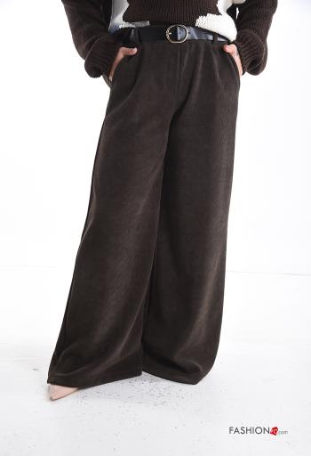 Ribbed wide leg Trousers with belt with elastic with pockets - ph 1