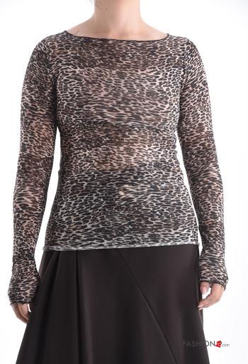 Maglietta a manica lunga in Misto Cashmere girocollo Fantasia animalier