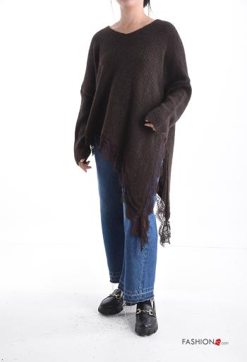 Spitze- asymmetrisch lange ärmel Oversize Strickpullover aus Wollmischung mit V-Ausschnitt mit schlitz - ph 1