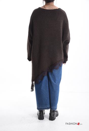 Spitze- asymmetrisch lange ärmel Oversize Strickpullover aus Wollmischung mit V-Ausschnitt mit schlitz - ph 2
