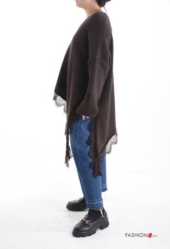 Spitze- asymmetrisch lange ärmel Oversize Strickpullover aus Wollmischung mit V-Ausschnitt mit schlitz - ph 3