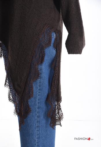 Spitze- asymmetrisch lange ärmel Oversize Strickpullover aus Wollmischung mit V-Ausschnitt mit schlitz - ph 4