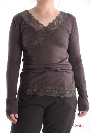 Camiseta de manga larga encaje con cuello en v - ph 1