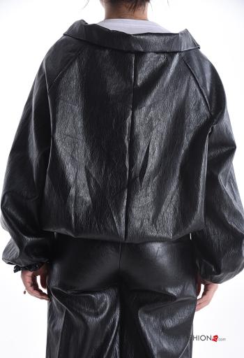long sleeve with collar faux leather Jacket with zip with elastic - ph 2