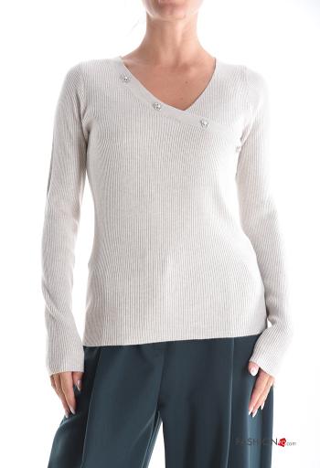 Maglione costine maniche lunghe scollo a V con strass - ph 1