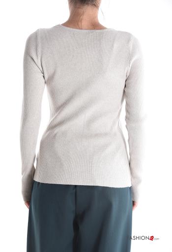 Maglione costine maniche lunghe scollo a V con strass - ph 2