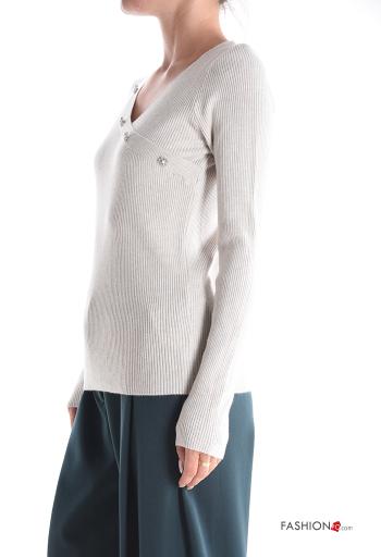 Maglione costine maniche lunghe scollo a V con strass - ph 3