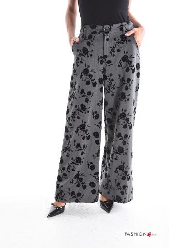 Pantalone wide leg Fantasia floreale con tasche con bottoni con zip