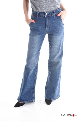 Jeans in Cotone denim a zampa con tasche con bottoni con zip