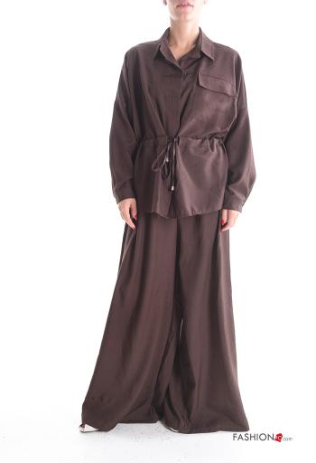 Ensemble coordonné wide leg à collet manches longues à boutons avec élastique