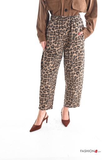 Pantalone in Cotone Fantasia animalier con tasche con elastico