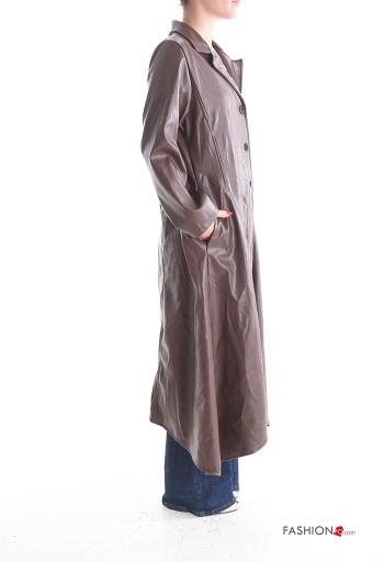 Casaco imitação de couro manga comprida longo com botões com bolsos sem forro - ph 3