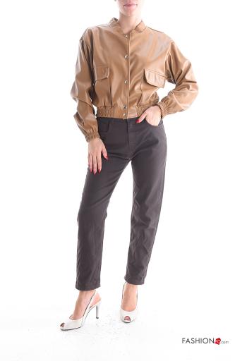 Blusão Motard imitação de couro manga comprida com botões com bolsos com elástico - ph 5