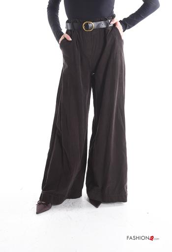 Pantalone in Cotone in velluto wide leg con elastico con cintura con tasche