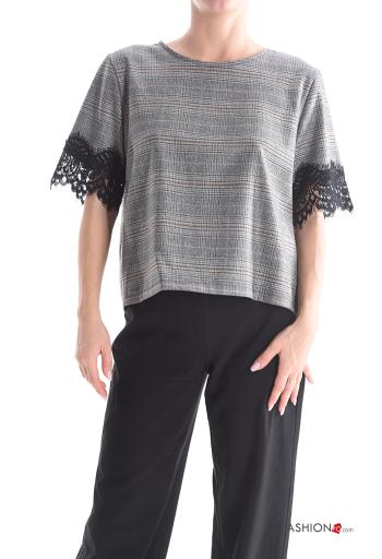 Tartan short sleeve crew neck lace trim Shirt - ph 1