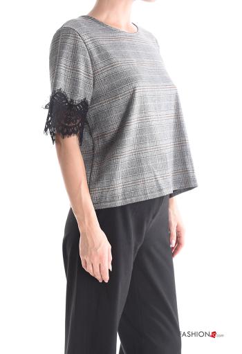 Tartan short sleeve crew neck lace trim Shirt - ph 3