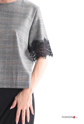 Tartan short sleeve crew neck lace trim Shirt - ph 4