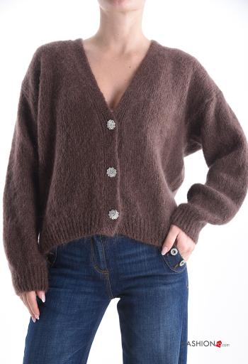 lange ärmel Strickjacke aus Mohair mit Knöpfen mit Strasssteinen mit V-Ausschnitt - ph 1