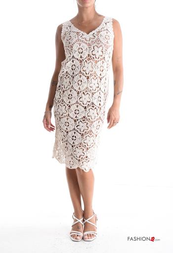 Embroidered sleeveless backless knitted Cotton Cover up with v-neck