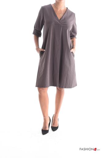 Abito in Cotone maniche lunghe al ginocchio con tasche scollo a V