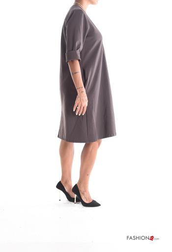 Abito in Cotone maniche lunghe al ginocchio con tasche scollo a V - ph 3