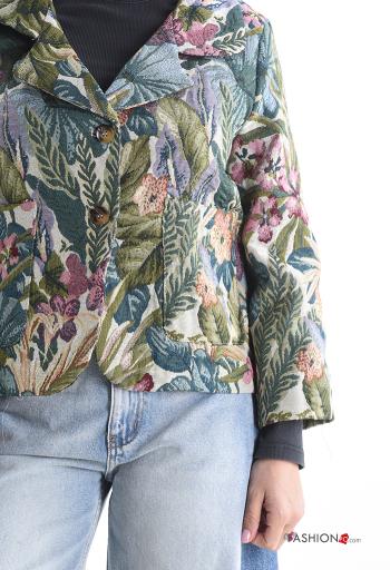 Blumenmuster lange ärmel Jacke aus Baumwolle mit Knöpfen mit Futter mit Taschen - ph 4