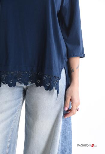 T-shirt in Cotone pizzo girocollo Fantasia ricamata maniche a tre quarti - ph 4
