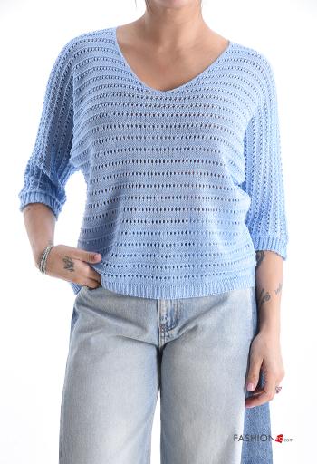 Besticktes Muster häckeln Strickpullover mit V-Ausschnitt 3/4 ärmel