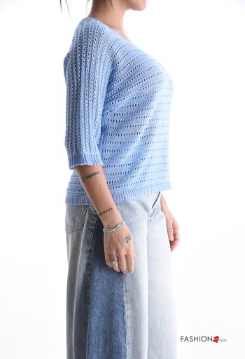 Besticktes Muster häckeln Strickpullover mit V-Ausschnitt 3/4 ärmel - ph 3