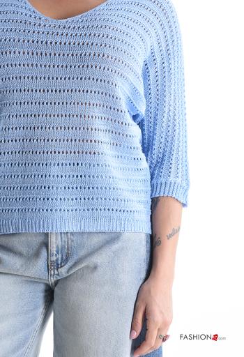 Besticktes Muster häckeln Strickpullover mit V-Ausschnitt 3/4 ärmel - ph 4
