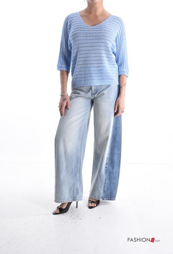 Besticktes Muster häckeln Strickpullover mit V-Ausschnitt 3/4 ärmel - ph 5