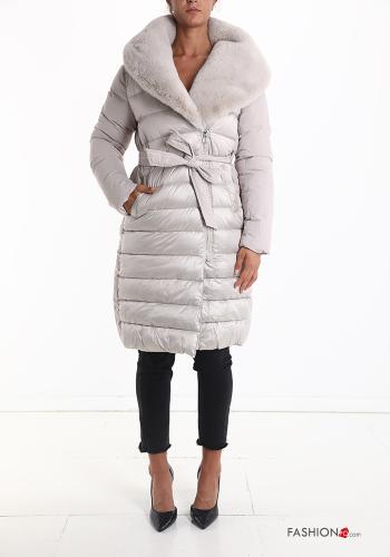faux fur Puffer Jacket with belt with pockets