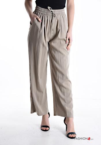 wide leg Cotton Trousers with drawstring with elastic