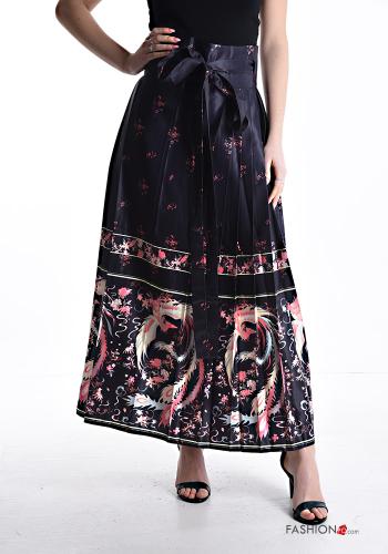 Patterned satin long Skirt with bow with fabric belt